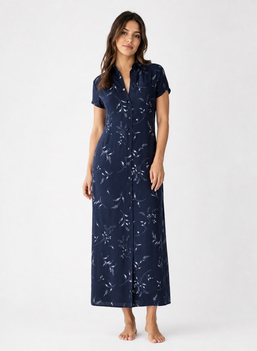 Vintage Lauren Ralph Lauren Silk Short Sleeve Midi Shirt Dress Women's 14 Navy